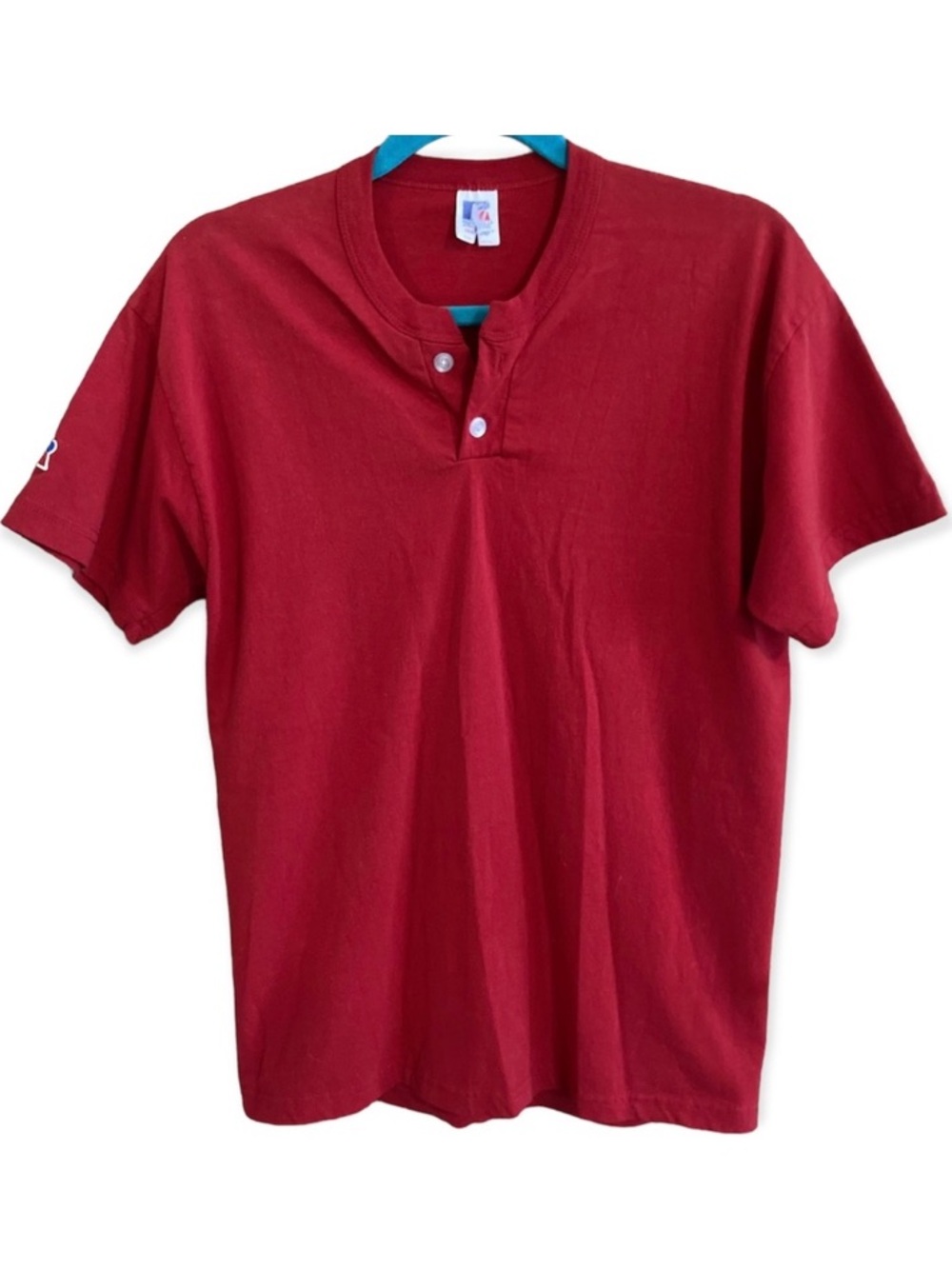 Vintage Y2K Mens Red Tee Shirt Size Medium Russell Athletic Button Short Sleeve